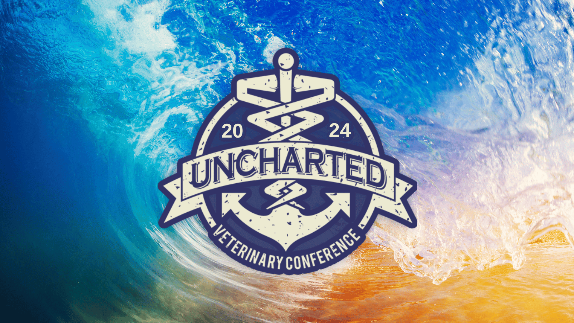Uncharted veterinary conference 2024 logo image in front of a photo of a wave