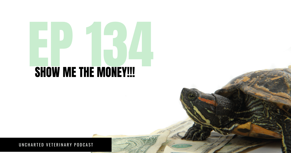 Uncharted Veterinary Podcast Episode 134: Show me the money! Turtle sitting on money