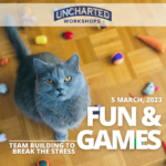 image of cat surrounded by toys with text of workshop title