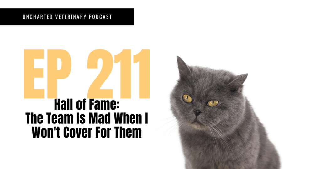 Uncharted Veterinary Podcast Episode 211 Cover Image with a grumpy gray cat